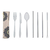 Close-up stainless steel 7-piece plastic free cutlery set and storage pouch with Mandala design